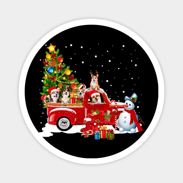 Red Truck Merry Christmas Tree Corgi Dog Christmas T-Shirt Magnet by kimmygoderteart